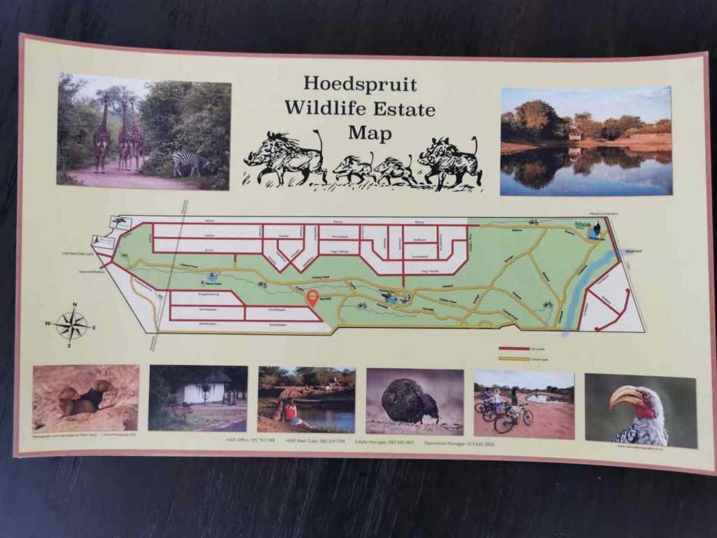 Hoedspruit wildlife estate map with the Greenbelt trails , the Dams and bird hide and the location of Gem in the bush lodge
